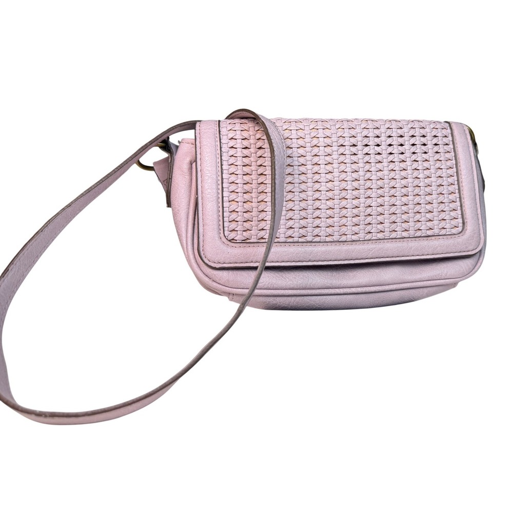 Lilac Woven Flap Crossbody Bag Textured Faux Leather Brass Hardware - Picture 2 of 8